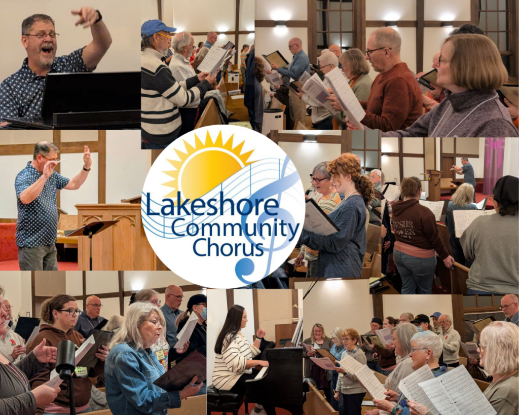 A collage of Lakeshore Community Chorus members rehearsing in a church, holding sheet music. The group’s logo is centered over the images.