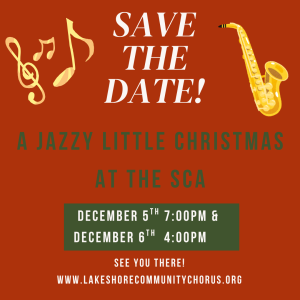 Red flyer with music notes and saxophone; text: “A Jazzy Little Christmas” concert dates, times, and website.
